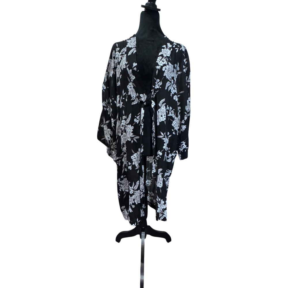 Spiritual Gangster Kimono Wrap Women OS Black Floral Tie Front Boho Duster